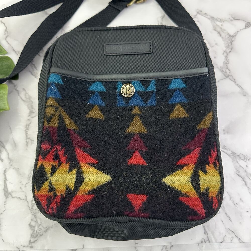 Pendleton Traditions Utility Cross Body Purse Bag Black Wool Woven Trim Square - Picture 2 of 6